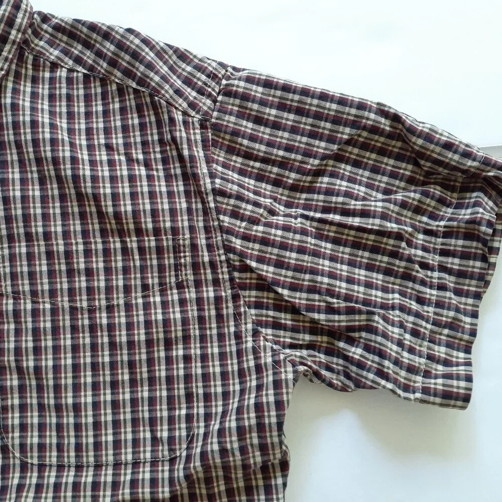 Gap Boys Shirt Button Down Red Tan Green Plaid Short Sleeve XS
